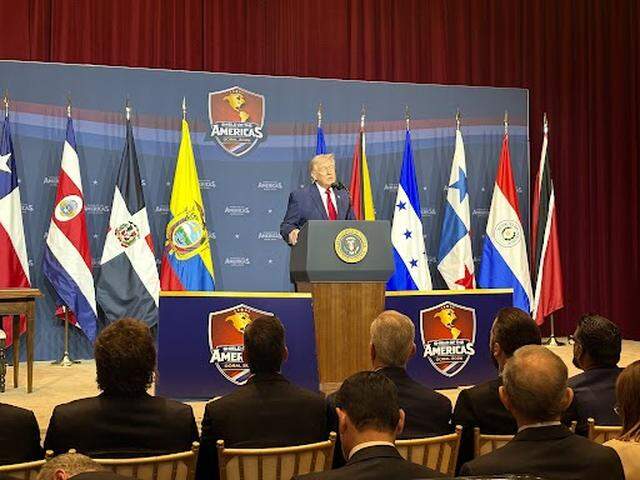 President Donald Trump addresses the first Summit of the Americas on March 7, 2026, at Trump National Doral Miami.